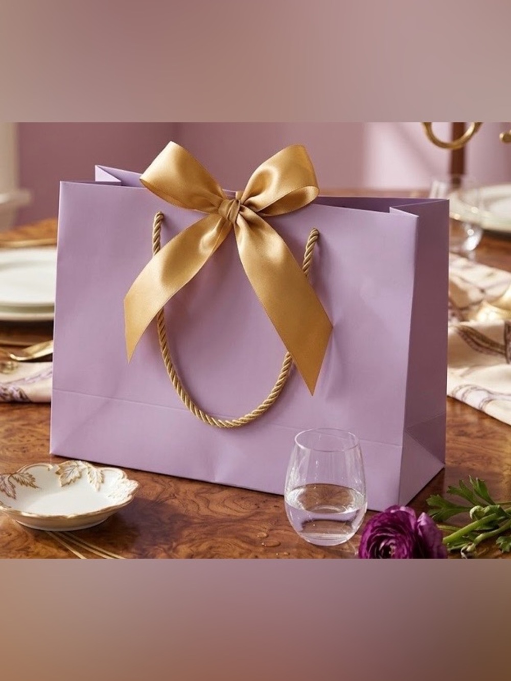 New 10 Lavender Gift Bags with Gold Satin Bow - Elegant Party Gift Wrap